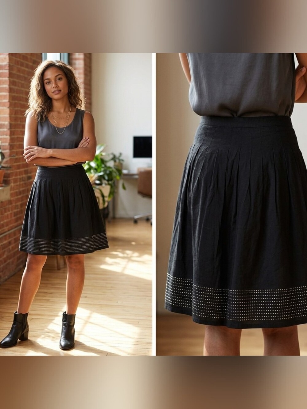 Talbots Black Pleated A-Line Skirt with Studded Hem Euc Size 16 Preppy Classic